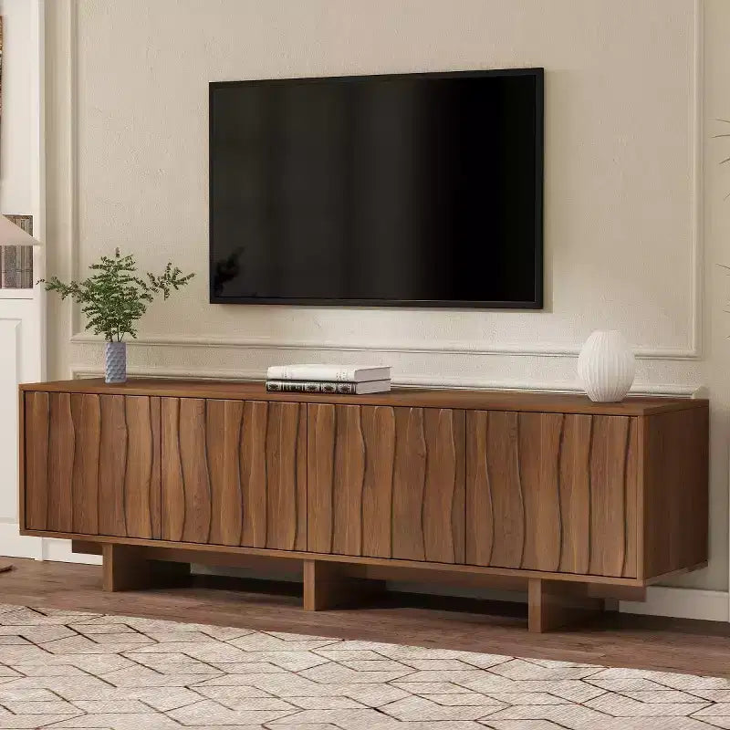 Meuble TV moderne 70" en grain de bois avec rangement, meuble TV pour téléviseurs jusqu'à 75", console média rustique pour salon-Panipeachy