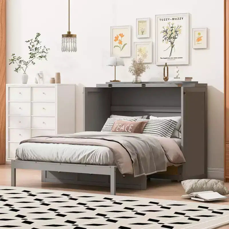 Lit escamotable complet, lit escamotable pleine grandeur avec tiroirs de rangement, lit mural en bois, cadre de lit escamotable en rotin