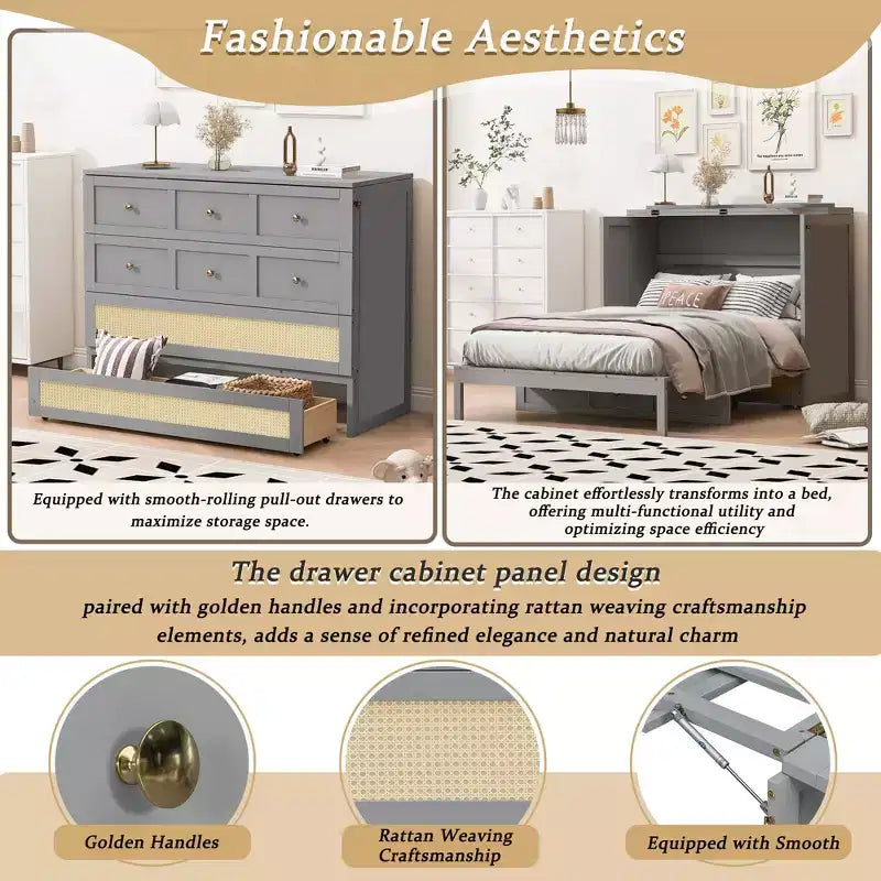 Lit escamotable complet, lit escamotable pleine grandeur avec tiroirs de rangement, lit mural en bois, cadre de lit escamotable en rotin