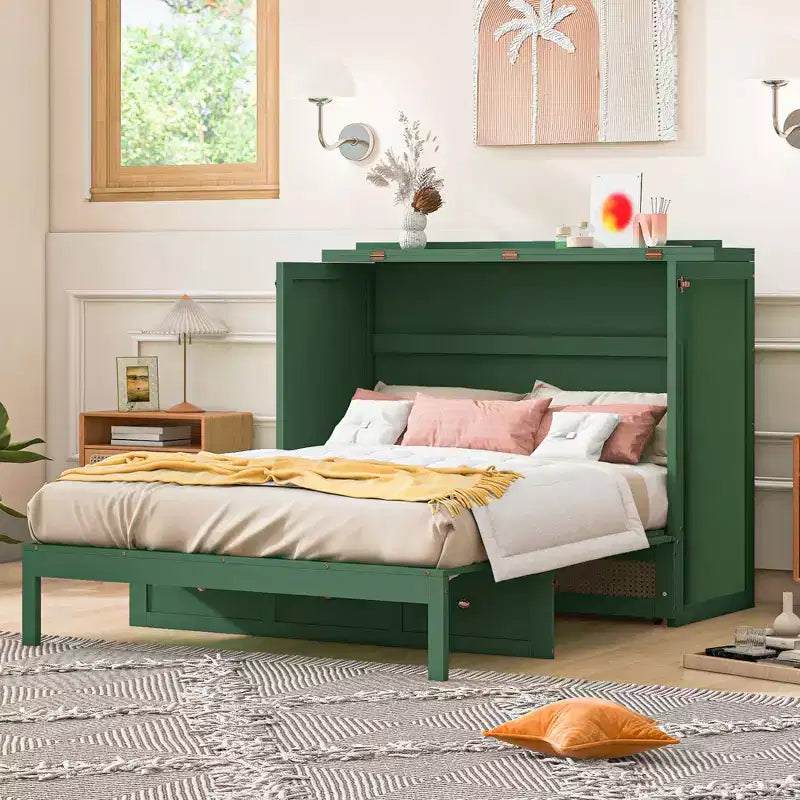Lit escamotable complet, lit escamotable pleine grandeur avec tiroirs de rangement, lit mural en bois, cadre de lit escamotable en rotin