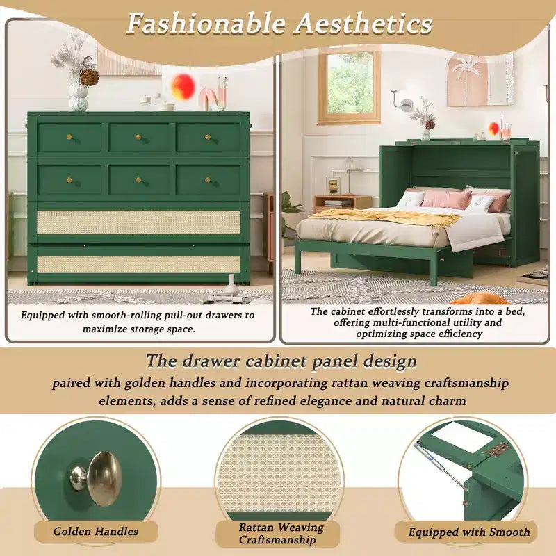 Lit escamotable complet, lit escamotable pleine grandeur avec tiroirs de rangement, lit mural en bois, cadre de lit escamotable en rotin