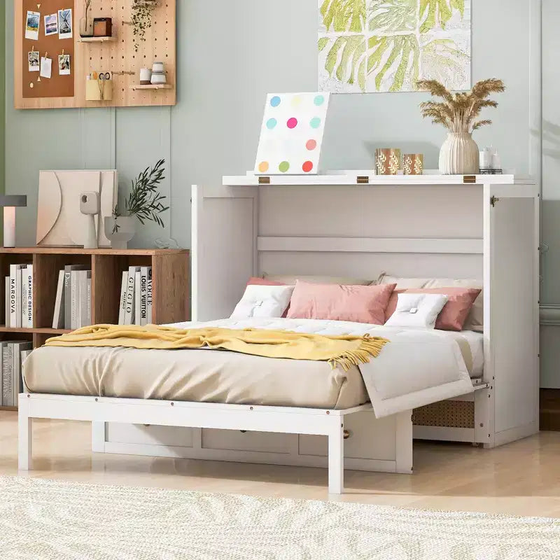 Lit escamotable complet, lit escamotable pleine grandeur avec tiroirs de rangement, lit mural en bois, cadre de lit escamotable en rotin