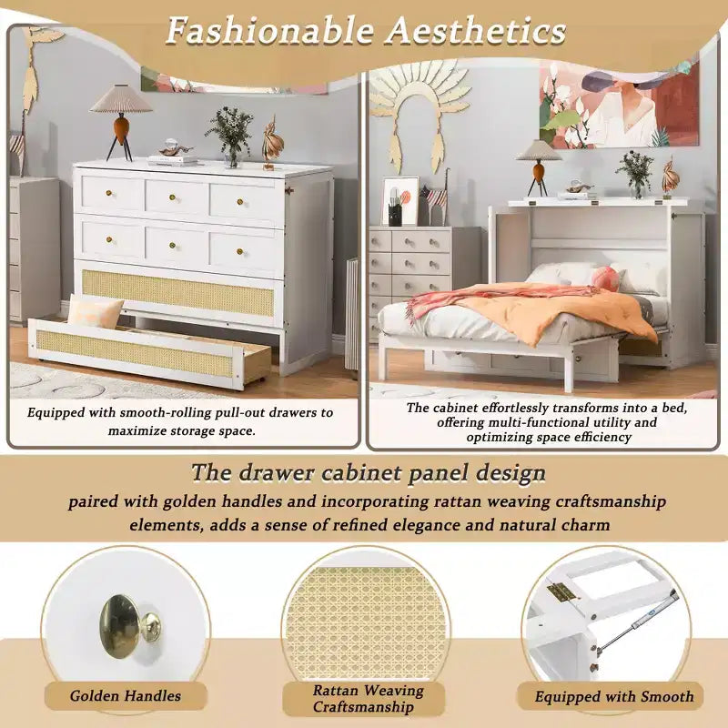 Lit escamotable complet, lit escamotable pleine grandeur avec tiroirs de rangement, lit mural en bois, cadre de lit escamotable en rotin