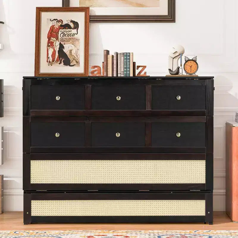 Full Murphy Bed Cabinet Bed, Full Size Murphy Bed with Storage Drawers, Wood Full Wall Bed Rattan Chest Murphy Bed Frame