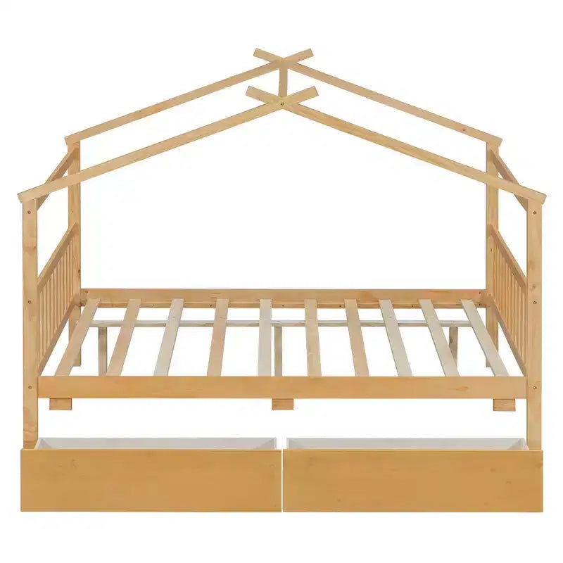 Lit cabane en bois double/complet avec 2 tiroirs de rangement, lit de repos Montessori en bois avec toit