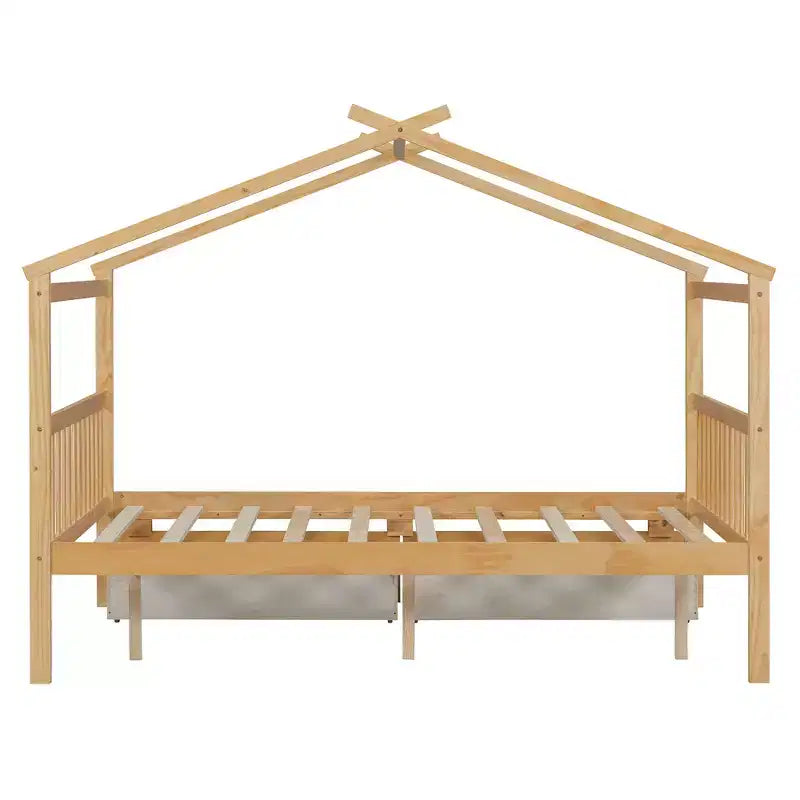 Lit cabane en bois double/complet avec 2 tiroirs de rangement, lit de repos Montessori en bois avec toit