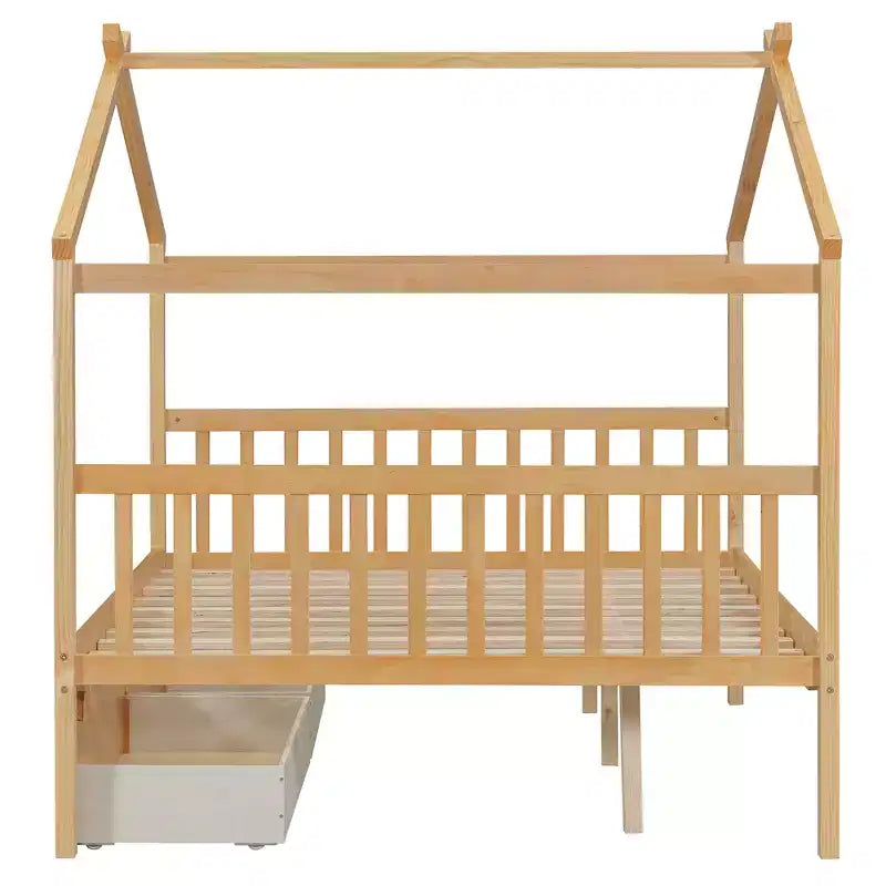 Lit cabane en bois double/complet avec 2 tiroirs de rangement, lit de repos Montessori en bois avec toit