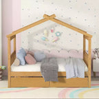 Lit cabane en bois double/complet avec 2 tiroirs de rangement, lit de repos Montessori en bois avec toit
