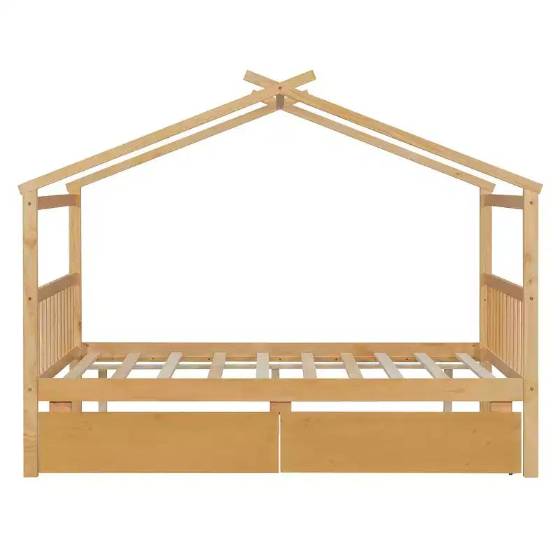 Lit cabane en bois double/complet avec 2 tiroirs de rangement, lit de repos Montessori en bois avec toit