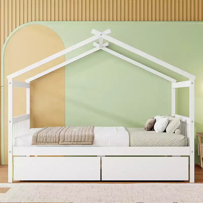 Lit cabane en bois double/complet avec 2 tiroirs de rangement, lit de repos Montessori en bois avec toit
