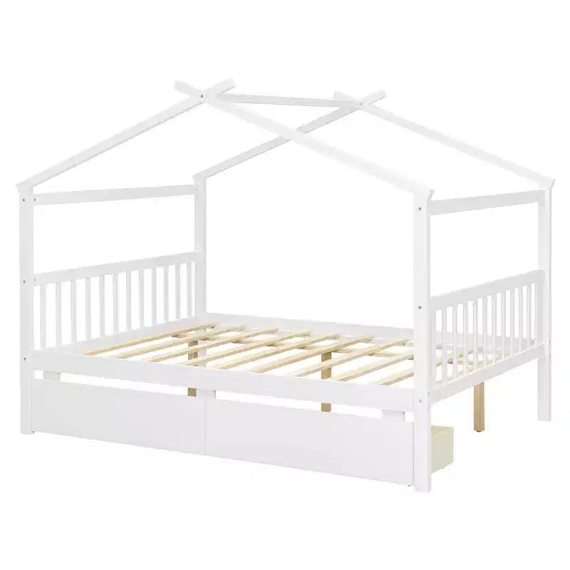 Lit cabane en bois double/complet avec 2 tiroirs de rangement, lit de repos Montessori en bois avec toit