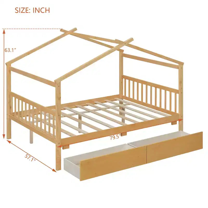 Lit cabane en bois double/complet avec 2 tiroirs de rangement, lit de repos Montessori en bois avec toit