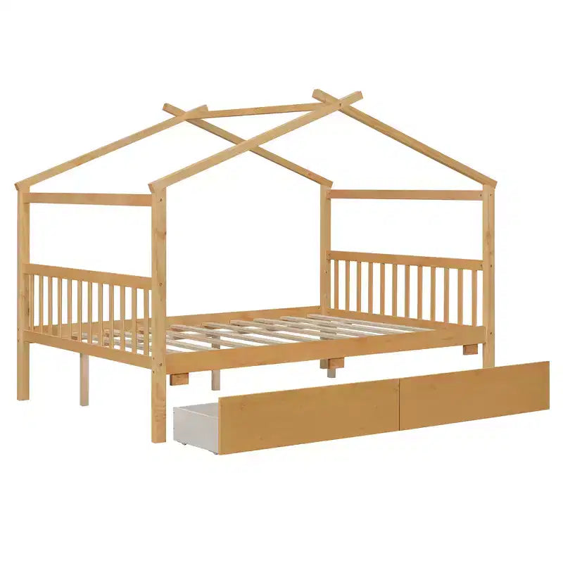 Lit cabane en bois double/complet avec 2 tiroirs de rangement, lit de repos Montessori en bois avec toit