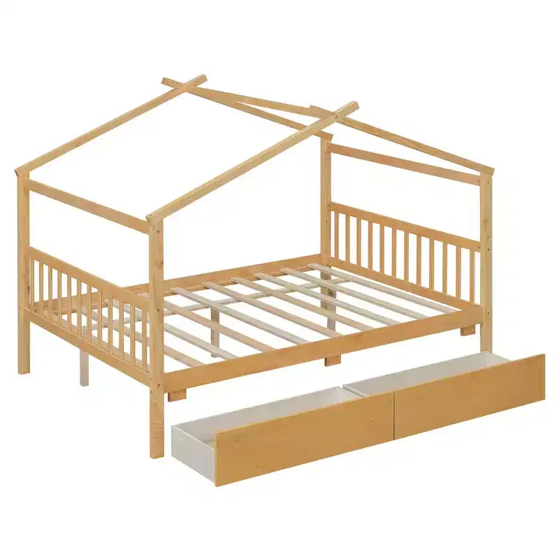 Lit cabane en bois double/complet avec 2 tiroirs de rangement, lit de repos Montessori en bois avec toit