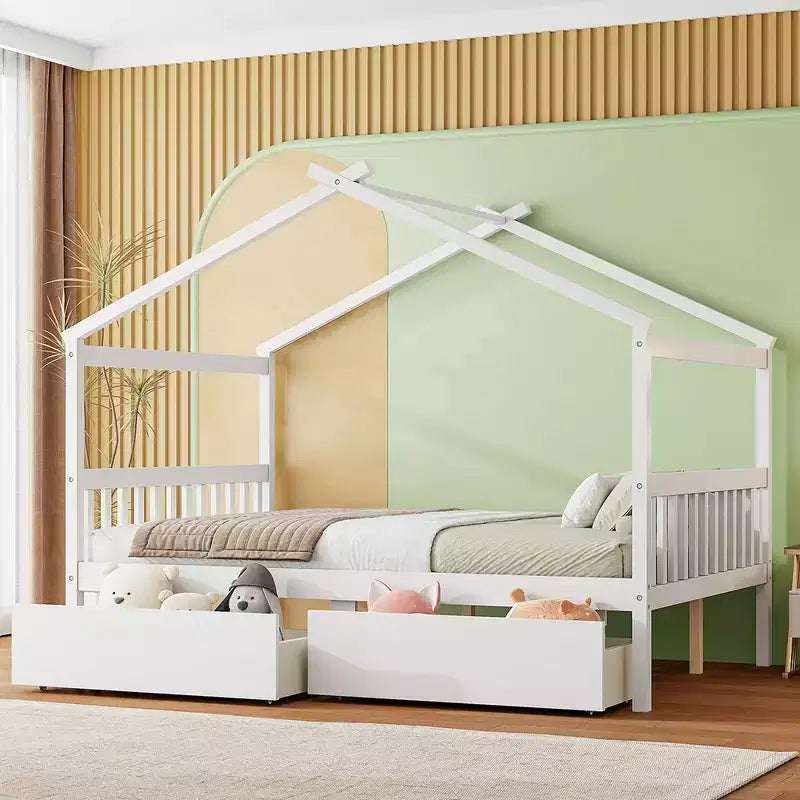 Lit cabane en bois double/complet avec 2 tiroirs de rangement, lit de repos Montessori en bois avec toit