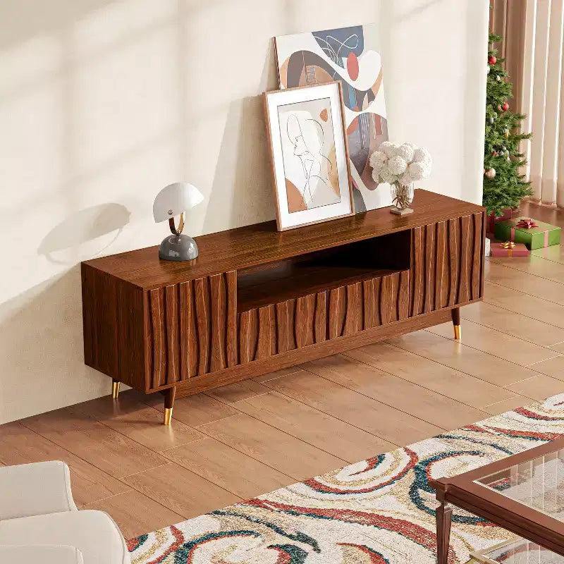 Meuble TV ATJafurn 55.1 brun noyer avec tiroir et placard pour téléviseurs de 55 pouces, meuble de divertissement moderne du milieu du siècle avec étagère ouverte pour salon