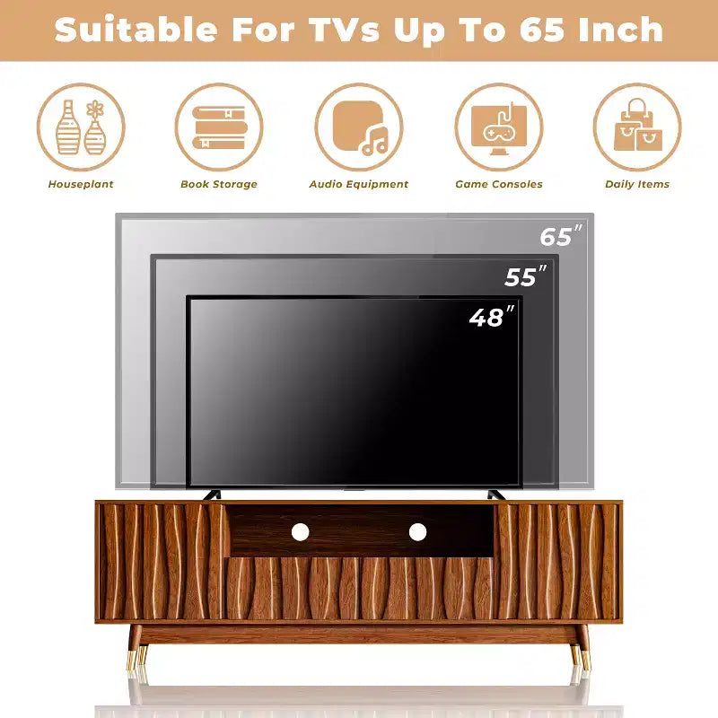 Meuble TV ATJafurn 55.1 brun noyer avec tiroir et placard pour téléviseurs de 55 pouces, meuble de divertissement moderne du milieu du siècle avec étagère ouverte pour salon