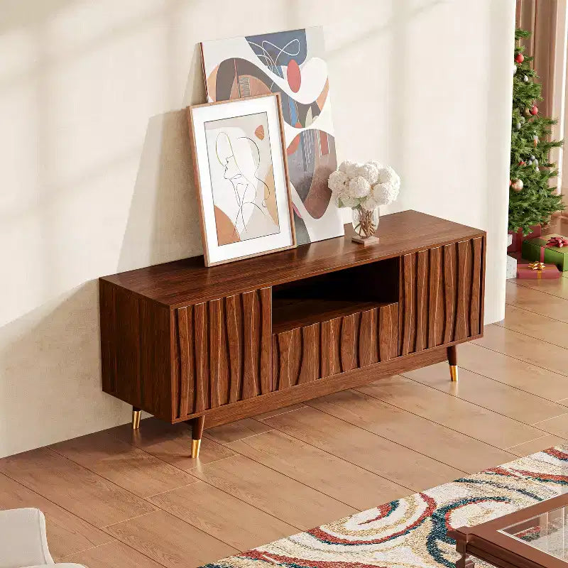 Meuble TV ATJafurn 55.1 brun noyer avec tiroir et placard pour téléviseurs de 55 pouces, meuble de divertissement moderne du milieu du siècle avec étagère ouverte pour salon
