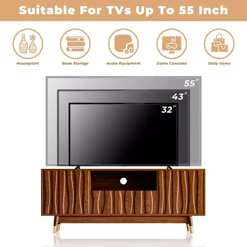 Meuble TV ATJafurn 55.1 brun noyer avec tiroir et placard pour téléviseurs de 55 pouces, meuble de divertissement moderne du milieu du siècle avec étagère ouverte pour salon