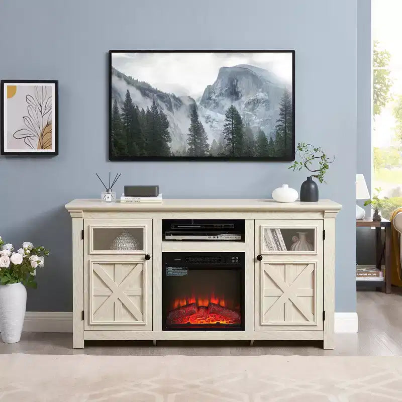JVNOXK Meuble TV moderne de 60,23 pouces au style rustique avec armoire à double porte, grand meuble de rangement de style grange pour divertissement à domicile, blanc