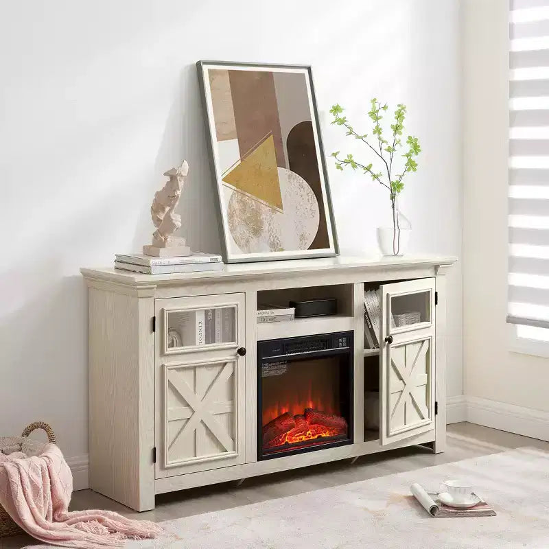 JVNOXK Meuble TV moderne de 60,23 pouces au style rustique avec armoire à double porte, grand meuble de rangement de style grange pour divertissement à domicile, blanc