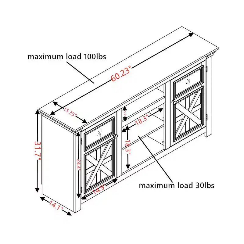 JVNOXK Meuble TV moderne de 60,23 pouces au style rustique avec armoire à double porte, grand meuble de rangement de style grange pour divertissement à domicile, blanc