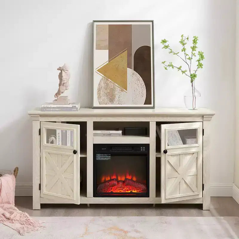 JVNOXK Meuble TV moderne de 60,23 pouces au style rustique avec armoire à double porte, grand meuble de rangement de style grange pour divertissement à domicile, blanc