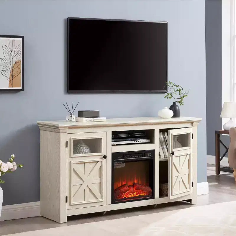 JVNOXK Meuble TV moderne de 60,23 pouces au style rustique avec armoire à double porte, grand meuble de rangement de style grange pour divertissement à domicile, blanc