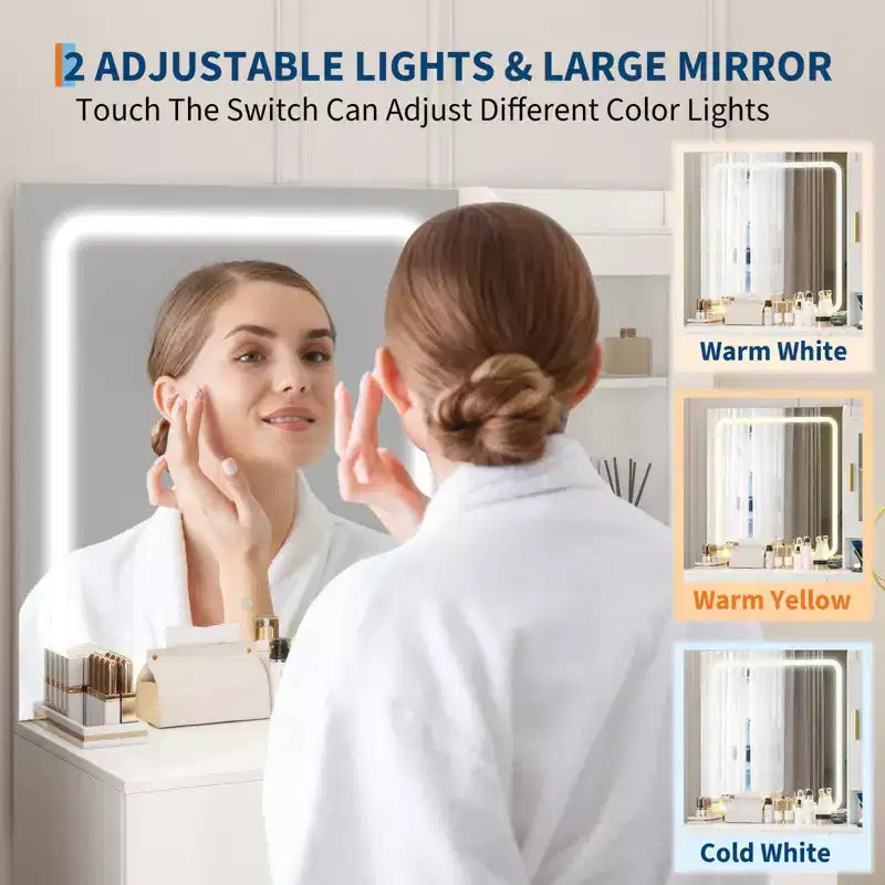 Coiffeuse avec miroir et lumières, table de maquillage moderne avec prises intégrées, tabouret de rangement, 4 tiroirs et support pour sèche-cheveux