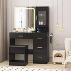 Coiffeuse avec miroir et lumières, table de maquillage moderne avec prises intégrées, tabouret de rangement, 4 tiroirs et support pour sèche-cheveux