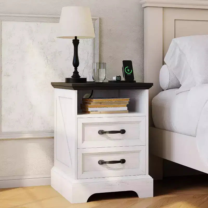 Farmhouse Rustic Nightstands with Charging Station, Modern Wood Night Stands Bedside Tables with 2 Drawers, White Accent Side Tables for Living Room