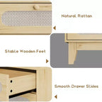 Commode de chambre à coucher, commode à 6 tiroirs en rotin avec ports USB et prises, coffre de rangement en chêne naturel