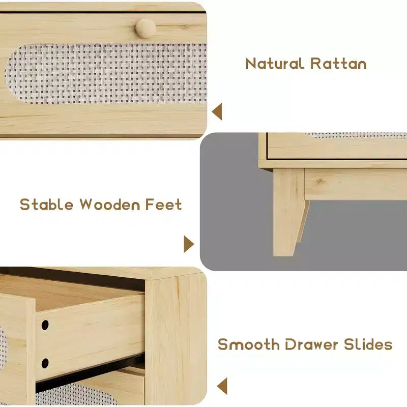 Commode de chambre à coucher, commode à 6 tiroirs en rotin avec ports USB et prises, coffre de rangement en chêne naturel