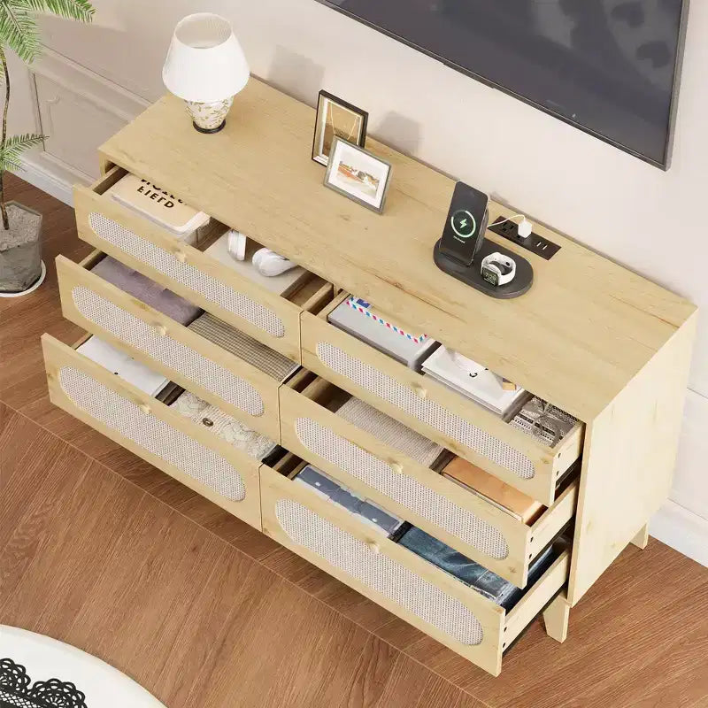 Commode de chambre à coucher, commode à 6 tiroirs en rotin avec ports USB et prises, coffre de rangement en chêne naturel