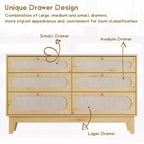 Commode de chambre à coucher, commode à 6 tiroirs en rotin avec ports USB et prises, coffre de rangement en chêne naturel