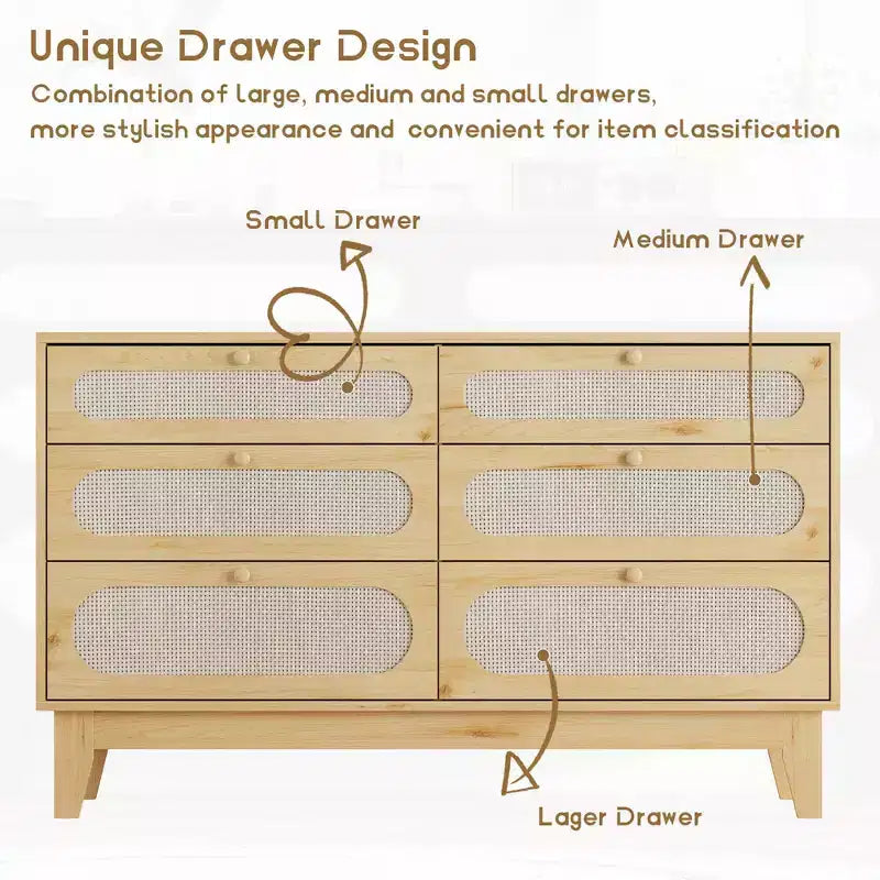 Commode de chambre à coucher, commode à 6 tiroirs en rotin avec ports USB et prises, coffre de rangement en chêne naturel