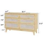 Commode de chambre à coucher, commode à 6 tiroirs en rotin avec ports USB et prises, coffre de rangement en chêne naturel