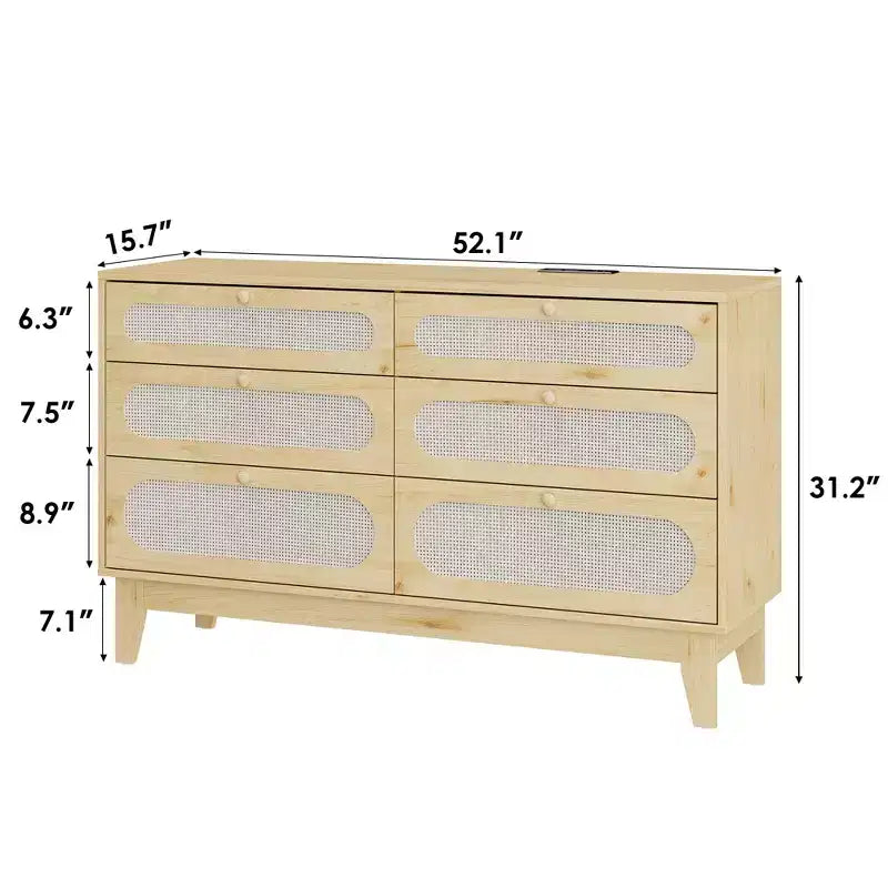 Commode de chambre à coucher, commode à 6 tiroirs en rotin avec ports USB et prises, coffre de rangement en chêne naturel