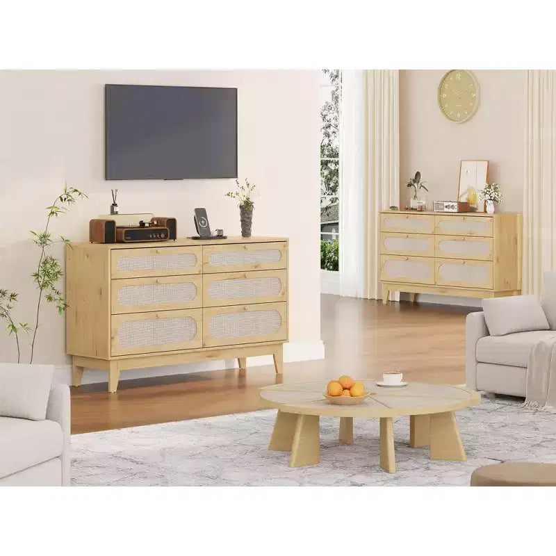 Commode de chambre à coucher, commode à 6 tiroirs en rotin avec ports USB et prises, coffre de rangement en chêne naturel