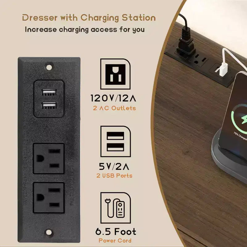 Commode de chambre à coucher, commode à 6 tiroirs en rotin avec ports USB et prises, coffre de rangement en chêne naturel