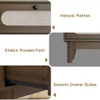 Commode de chambre à coucher, commode à 6 tiroirs en rotin avec ports USB et prises, coffre de rangement en chêne naturel