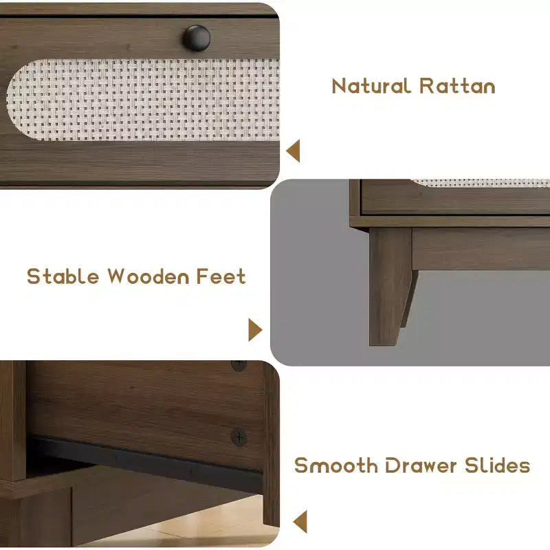Commode de chambre à coucher, commode à 6 tiroirs en rotin avec ports USB et prises, coffre de rangement en chêne naturel