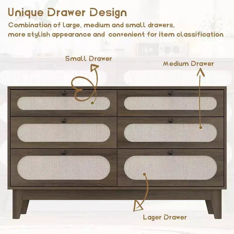 Commode de chambre à coucher, commode à 6 tiroirs en rotin avec ports USB et prises, coffre de rangement en chêne naturel