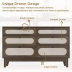 Commode de chambre à coucher, commode à 6 tiroirs en rotin avec ports USB et prises, coffre de rangement en chêne naturel