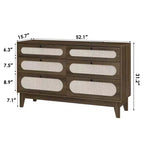 Commode de chambre à coucher, commode à 6 tiroirs en rotin avec ports USB et prises, coffre de rangement en chêne naturel