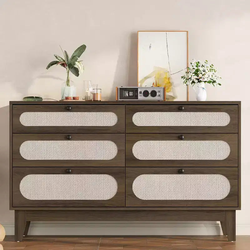 Commode de chambre à coucher, commode à 6 tiroirs en rotin avec ports USB et prises, coffre de rangement en chêne naturel