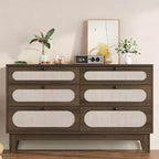 Commode de chambre à coucher, commode à 6 tiroirs en rotin avec ports USB et prises, coffre de rangement en chêne naturel