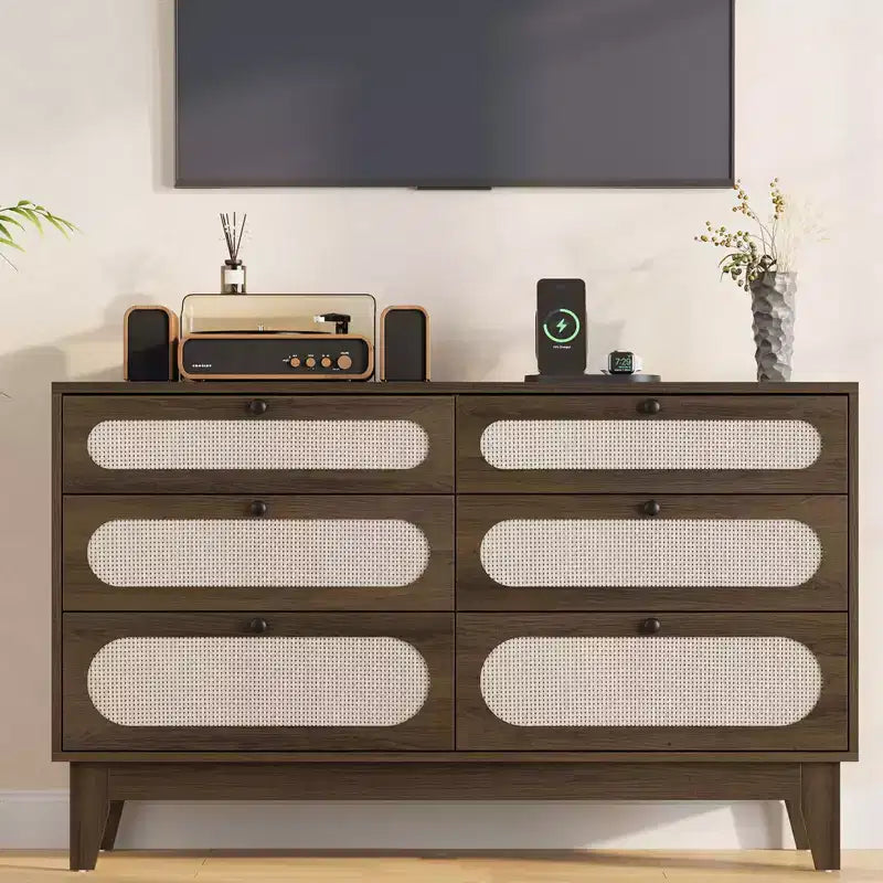 Commode de chambre à coucher, commode à 6 tiroirs en rotin avec ports USB et prises, coffre de rangement en chêne naturel