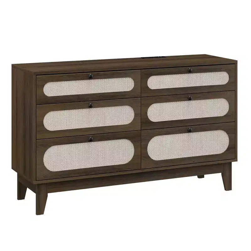 Commode de chambre à coucher, commode à 6 tiroirs en rotin avec ports USB et prises, coffre de rangement en chêne naturel