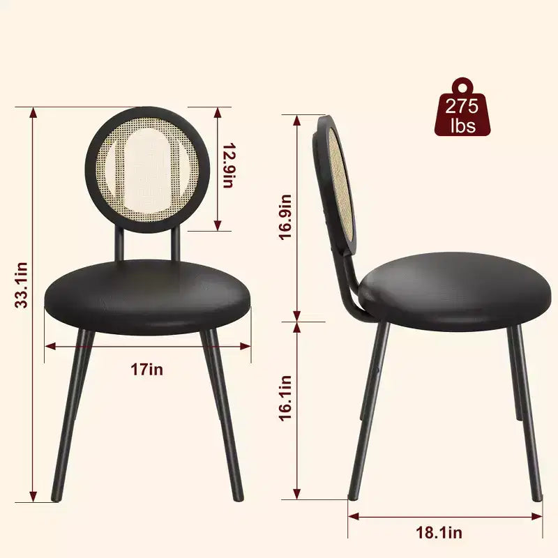 Chaises de salle à manger modernes rembourrées | Ensemble contemporain avec dossier en rotin naturel, pieds en métal | Conception peu encombrante pour la salle à manger